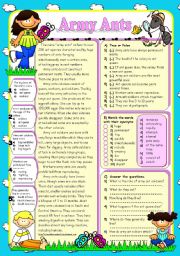 English Worksheet: ARMY ANTS *Reading Comprehension* (B&W+KEY included)