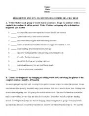 English worksheet: Fragments, run-on sentences and comma splices test