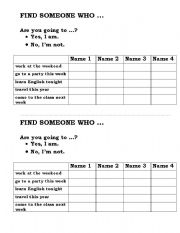 English Worksheet: going to - find someone who