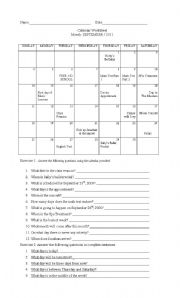 English Worksheet: Calendar Worksheet