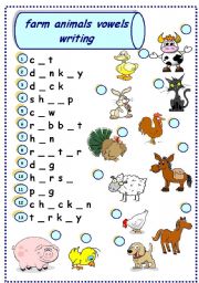 English Worksheet: farm animals vowels writing