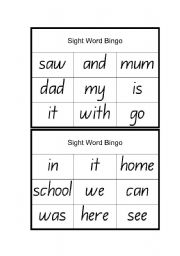 English worksheet: Sight Word Bingo