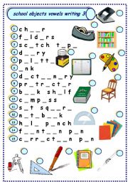 English Worksheet: school objects vowels writing 3