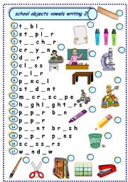 English Worksheet: school objects vowels writing 2
