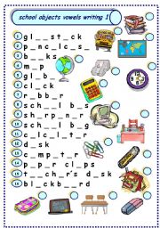 English Worksheet: school objects vowels writing 1