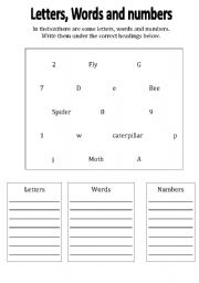 English Worksheet: letters words and numbers sort