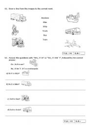 English worksheet: 2nd Grade Test verb to be in the simple present + vehicles and colors