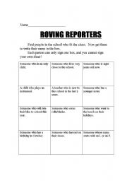 English Worksheet: Roving Reporters - Getting to Know You Game