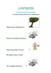 English Worksheet: Limericks-replacing pictures with words