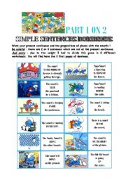 English Worksheet: dominoes present continuous + prepositions of place with the smurfs - 1/2