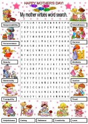MY MOTHER VIRTUES WORD SEARCH