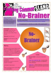 SLANG - Learning Common Slang - NO-BRAINER Part 1 of  2 (3 pages) -VIDEO LINK - A complete worksheet with many exercises and instructions