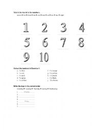 English worksheet: numbers, colours and days