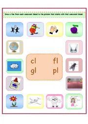 English Worksheet: 4 Consonant Blends: cl/fl/gl/pl