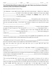 English Worksheet: Text of President Barack Obamas address to the nation after Fridays mass shooting at a Connecticut Elementary School