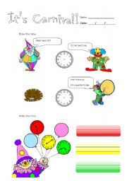 English worksheet: carnival and hours