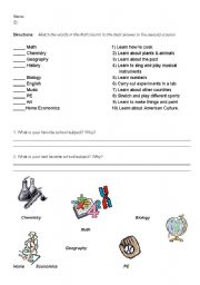English Worksheet: School Subjects Matching and Questions