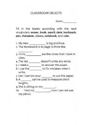 English worksheet: classroom objects