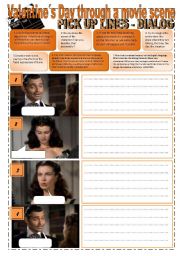 English Worksheet: VALENTINES DAY THROUGH A MOVIES SCENE - GONE with the WIND - A writing DIALOG based in Pictures and PICK UP LINES (5 pages) + WRITING exercises