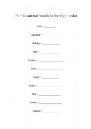 English worksheet: Put the animal words in the right order