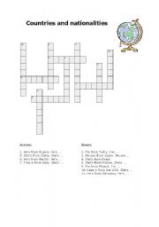 English worksheet: Countries and nationalities crossword