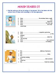 English Worksheet: MIXED TENSES WITH TIME EXPRESSIONS- WITH PICTURES- ALL COLOURFUL-2 PAGES