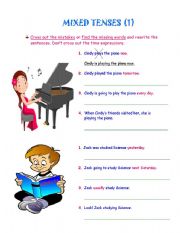 English Worksheet: MIXED TENSES-CROSS OUT THE MISTAKES- ALL COLOURFUL WITH PICTURES-2 PAGES