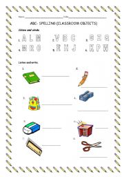 English Worksheet: spelling classroom objects