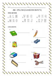 English worksheet: spelling classroom objects