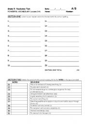 English worksheet: Powerful Vocabulary 5 lessons 1-4 review test