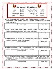 English worksheet: Concession Stand math 