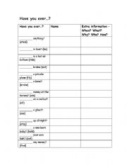 English worksheet: Have you ever present perfect worksheet