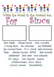 English Worksheet: for/since/already/yet/just
