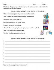 English Worksheet: Sequencing paragraph - What the teacher will do on her winter break