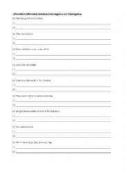 English Worksheet: Transform into negative and interrogative