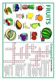 English Worksheet: Fruits 1 (Crossword and Riddle)