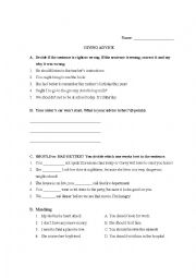 English Worksheet: Modal of Advice: Should, Ought To, Had Better