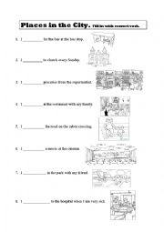 English Worksheet: Places in the city. Fill in with correct verb.