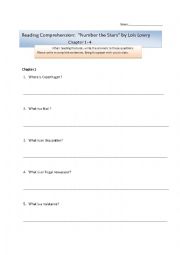 English Worksheet: Reading Comprehension Question: Number The Stars Chapter 1-4 