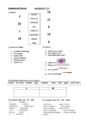 English worksheet: Numbers, verb to be, colours, possessive adj, a/an,
