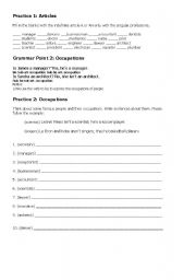 English worksheet: Articles and Occupations