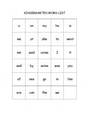 English Worksheet: word list