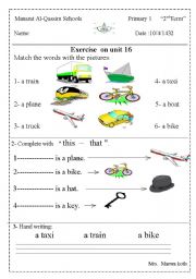 English Worksheet: exercise on the transports and practising this - that