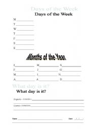 English Worksheet: Days of the Week, Months and Dates