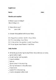 English Worksheet: Months and weather plus daily routine