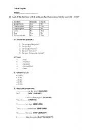 English worksheet: Test: Can, The time, Present Simple