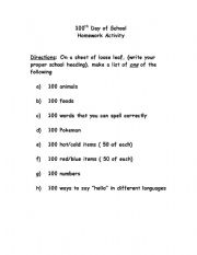 English Worksheet: 100th Day of School