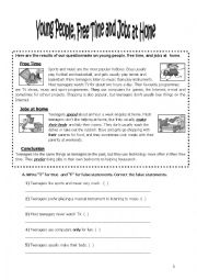 English Worksheet: Reading  Young People, Free Time and Jobs at Home