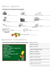 English Worksheet: School objects and personal information