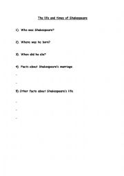 English Worksheet: Shakespeare Quiz Sheet